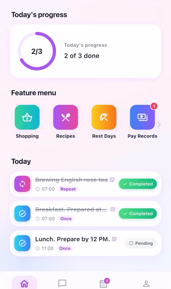 Skrin utama MyRoutiq yang menunjukkan kemajuan hari ini, menu ciri dan senarai tugasan