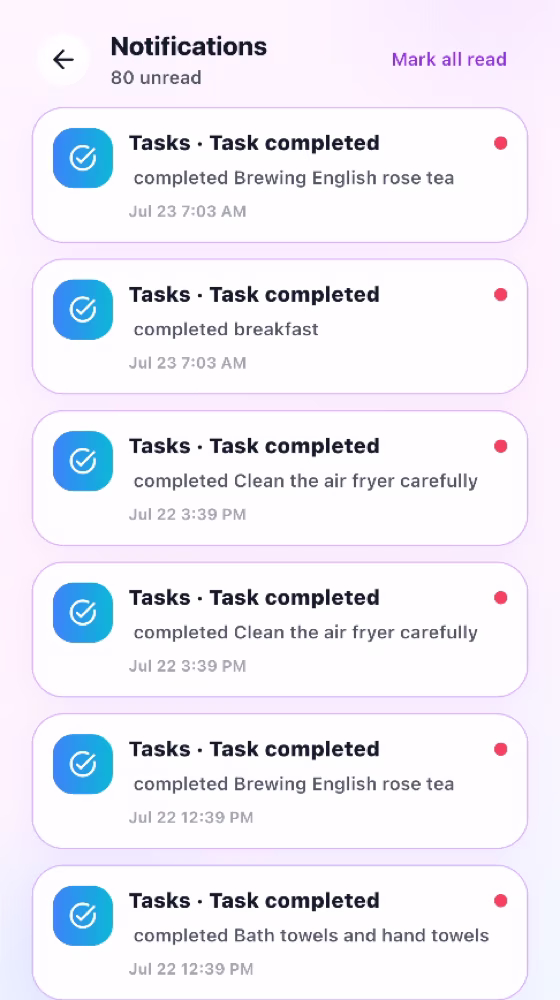 MyRoutiq notification center with household updates