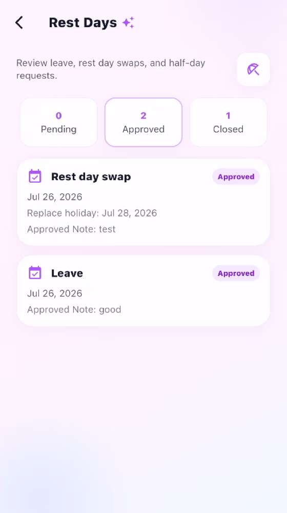MyRoutiq rest-day request and decision workflow